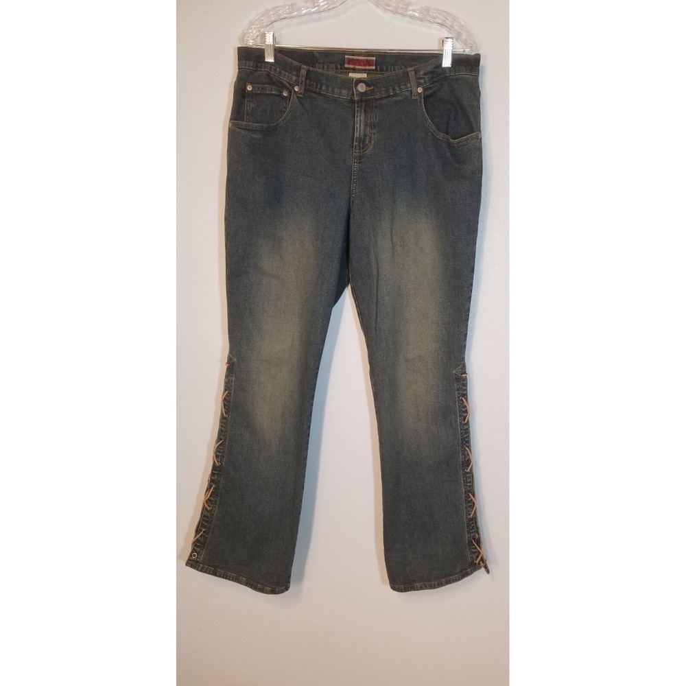 Z. Cavaricci Vintage Low Rise Leather Lace Up Leg Acid Washed Jeans 16 Y2K Boho